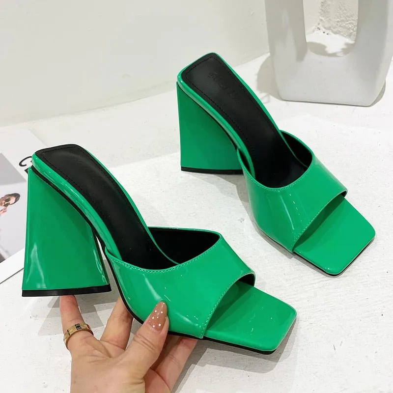 2023 Women Designer 11cm High Heels Slides Mules Summer Thick Block Heels Sandals Slingback Flock Slippers Luxury Chunky Shoes