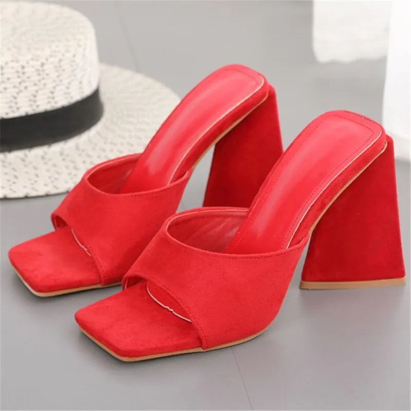 2023 Women Designer 11cm High Heels Slides Mules Summer Thick Block Heels Sandals Slingback Flock Slippers Luxury Chunky Shoes
