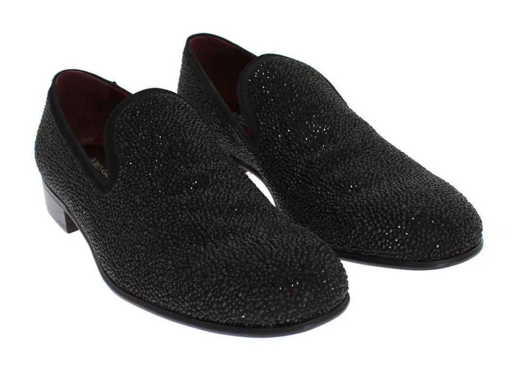Black Suede Leather Crystal Loafers