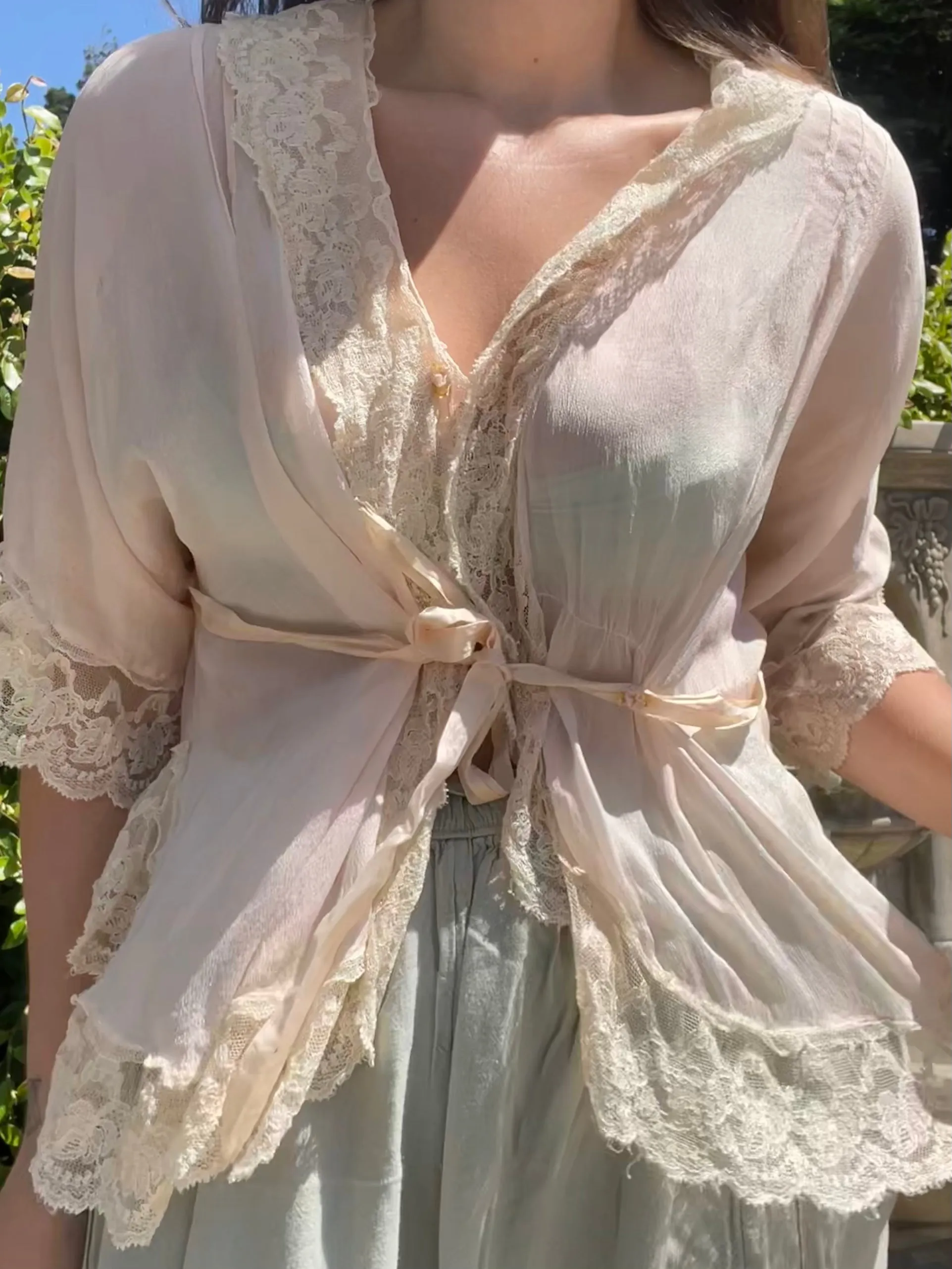 Edwardian Ballet Pink Crepe Chiffon Lace Trim Bed Jacket