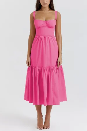 Fuchsia Lovely Thick Strap Pleated Pocket Slim Midi Dress