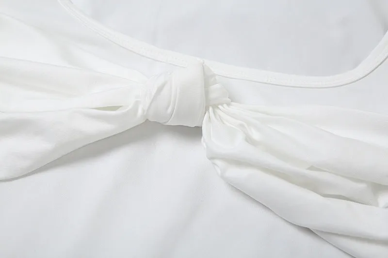 Luxe Long-Sleeve White Bodycon Mini Dress with Ruched Knot Detail and Ruffled Hemline