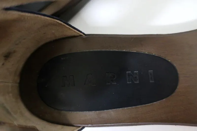 Marni Ankle Strap Sandals Bronze Leather & Navy Suede Size 36.5 Open Toe Flats