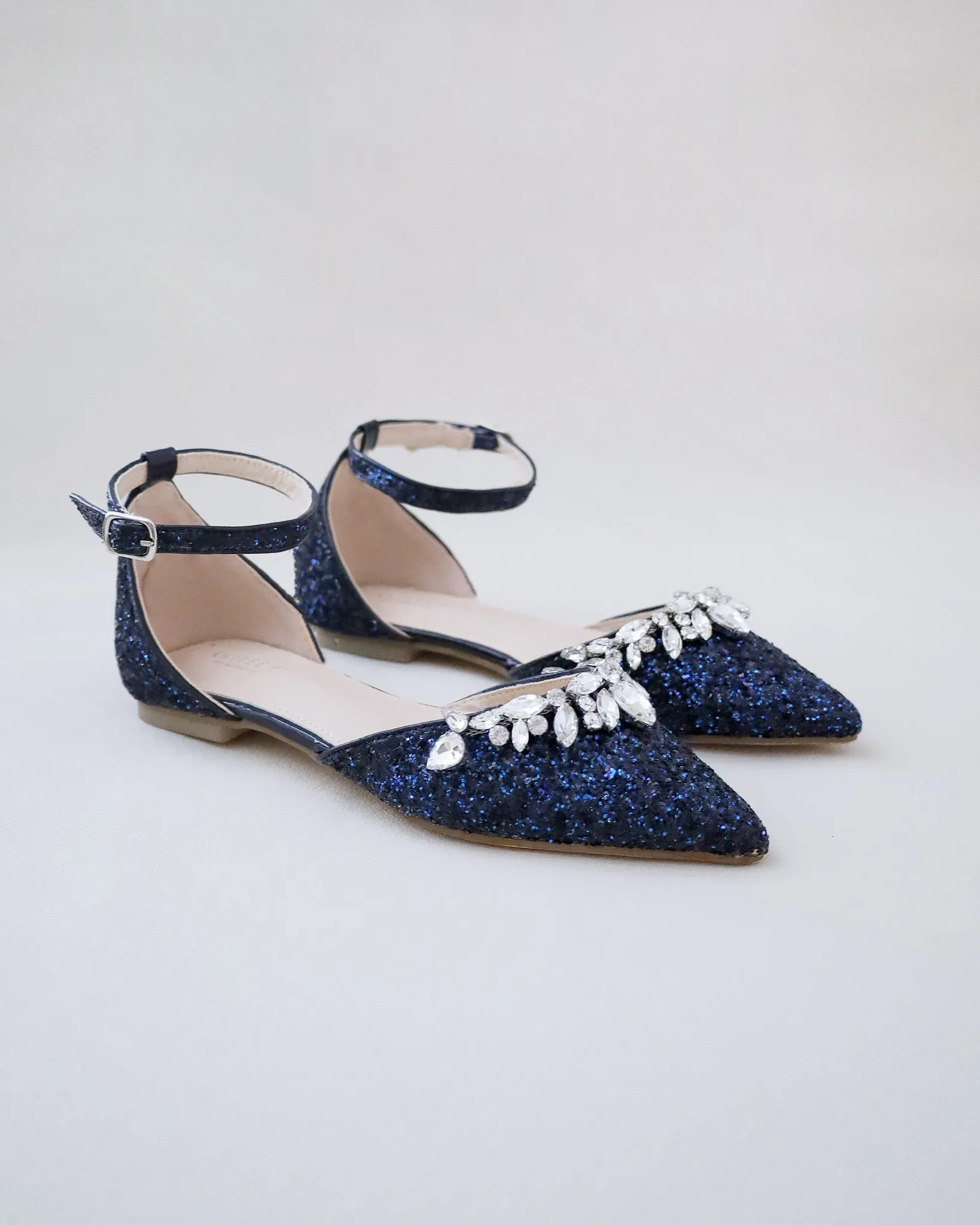 Pointy Toe Glitter Ankle Strap Flats with Teardrop Rhinestones