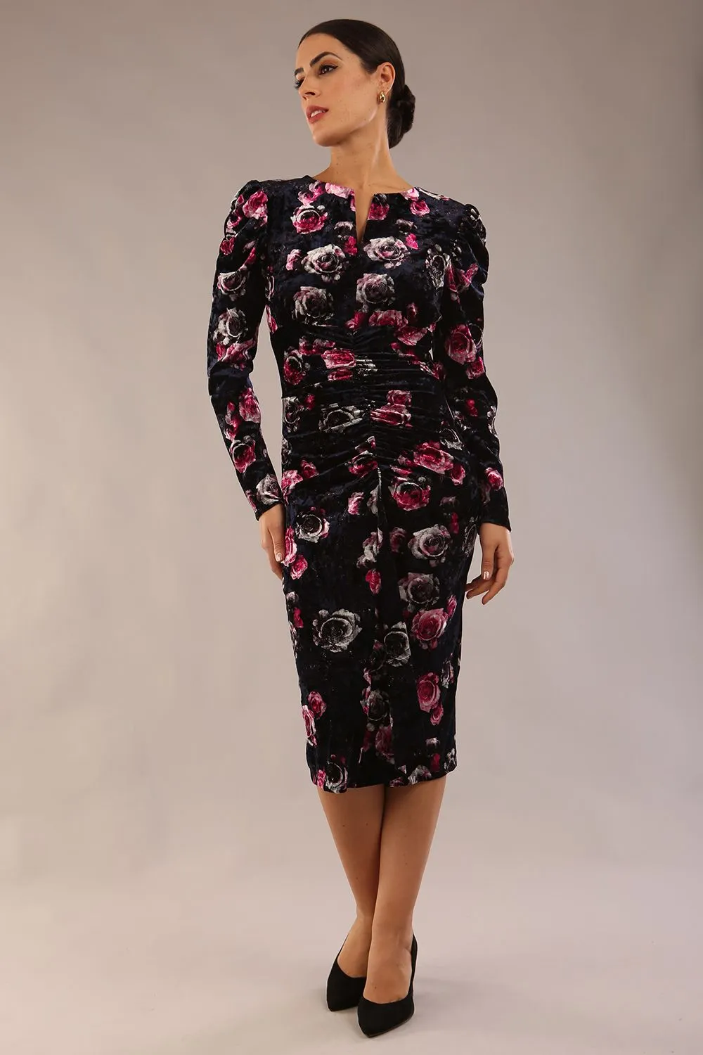 (PRE-ORDER) Gardenia Floral Velvet Ruched Front and Back Dress