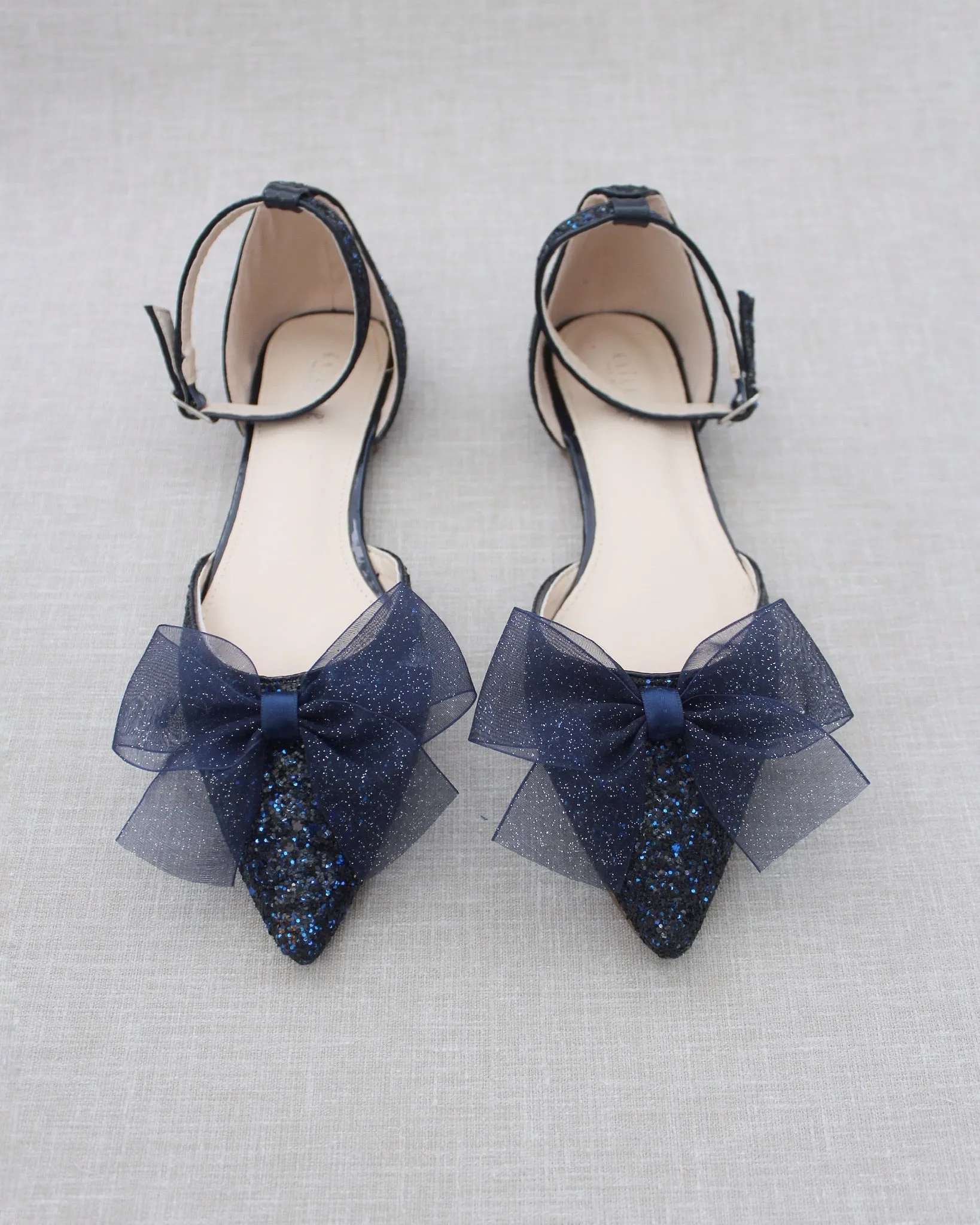 Rock Glitter Pointy Toe Flats with Organza Bow