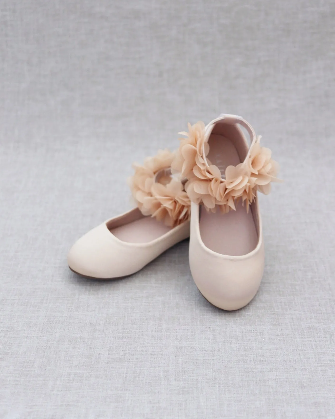 Satin Flats with Chiffon Flowers Ankle Strap