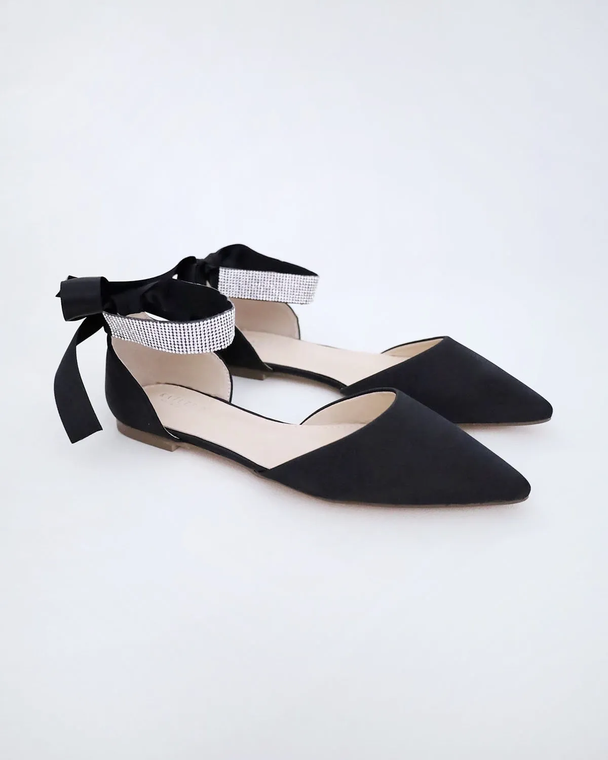 Satin Pointy Toe Evening Flats with Rhinestones Strap