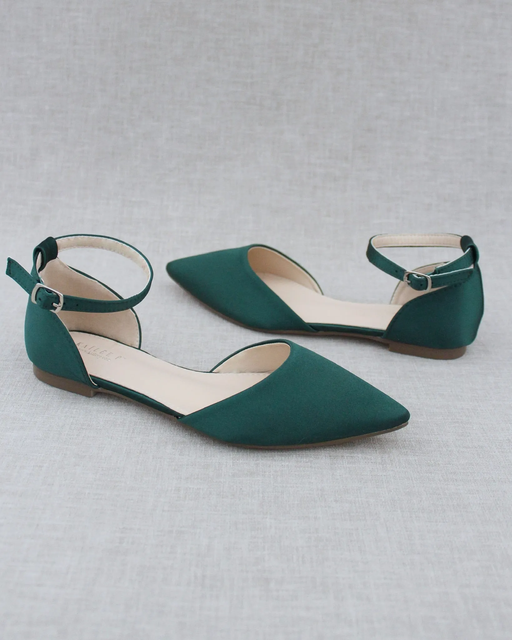 Satin Pointy Toe Flats with Ankle Strap