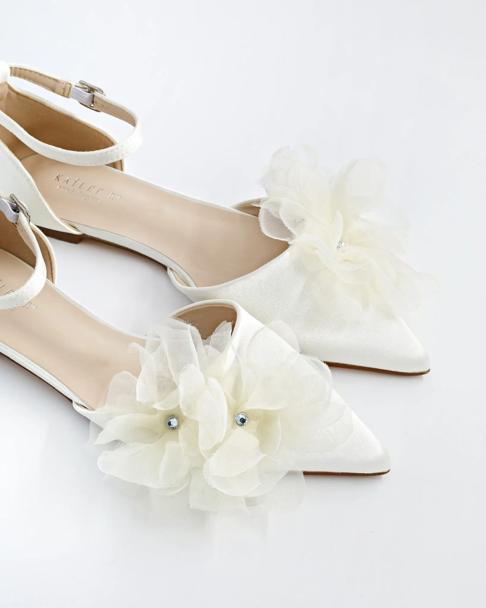Satin Pointy Toe Wedding Flats with Ophelia Flowers