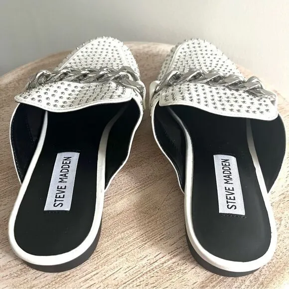 Steve Madden Keller Mules in White and Silver Chain Detail, Size 8.5 NWOB