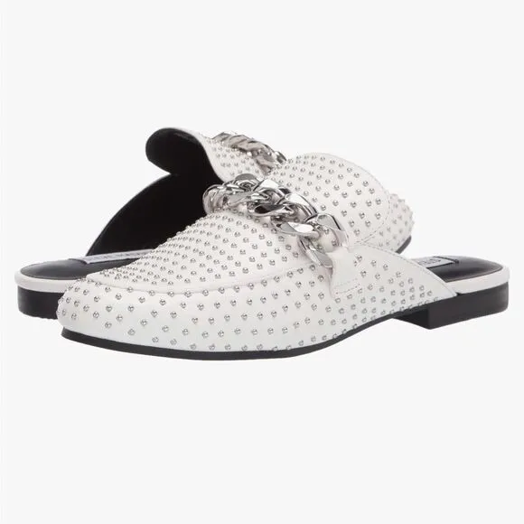 Steve Madden Keller Mules in White and Silver Chain Detail, Size 8.5 NWOB