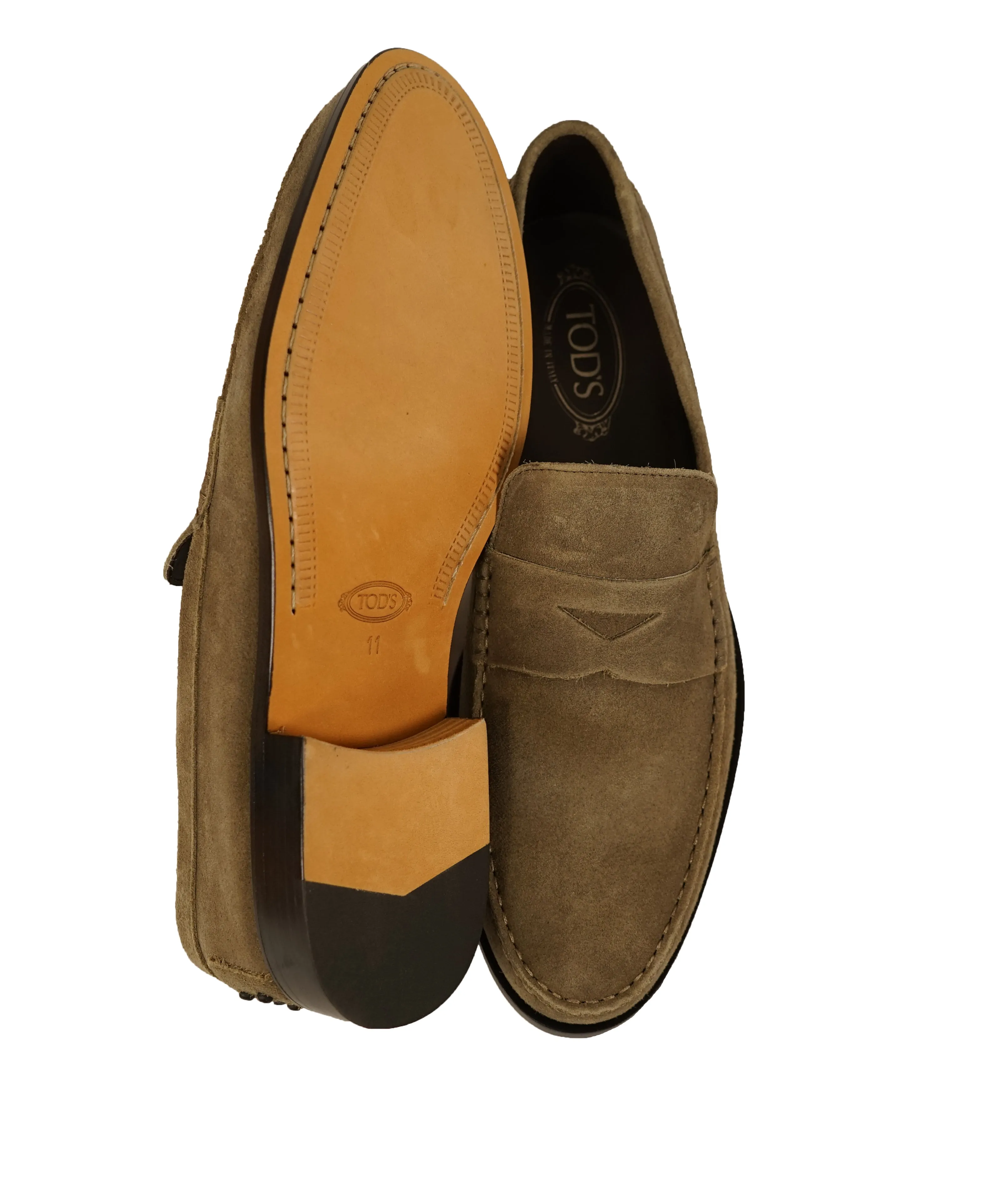 TOD’S - Brown Distressed Suede Penny Loafers “Boston” “Devon” Leather Sole - 11.5