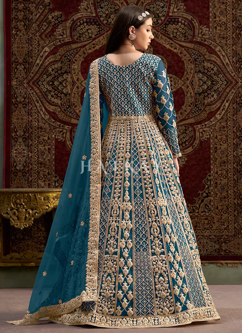 Turquoise Embroidered Traditional Anarkali Suit