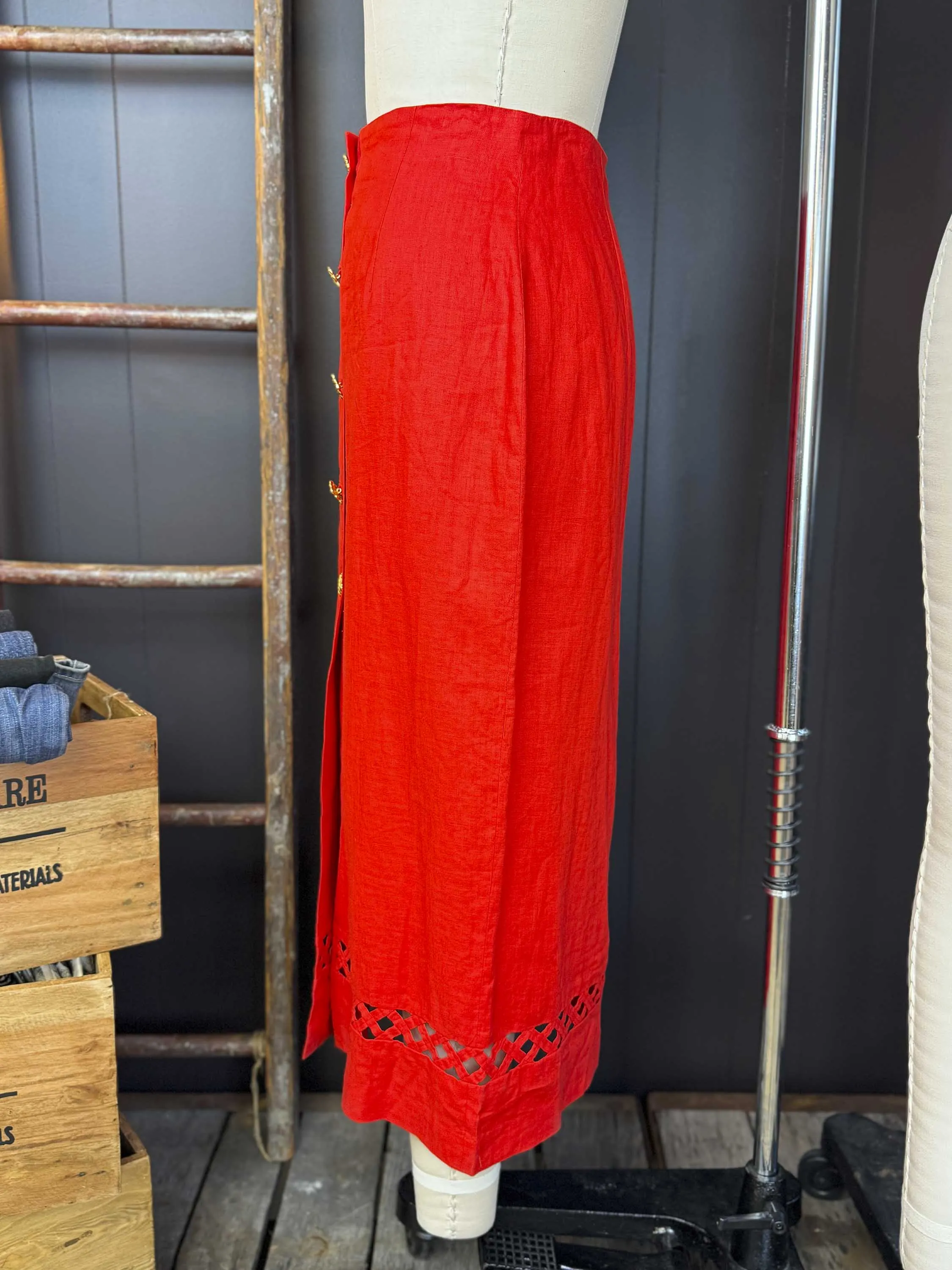Vintage Red Linen Skirt With Gold Buttons - Size L