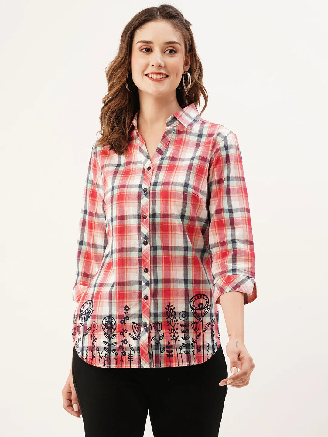 ZOLA Collar Neck Cotton All Over Checked Print 3/4th Sleeves MultiColor Straight Top For Women