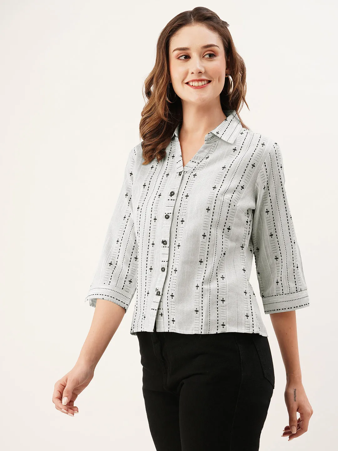 ZOLA Collar Neck Cotton All Over Yarn Dyed Fabric 3/4th Sleeves Cream Straight Top For Women